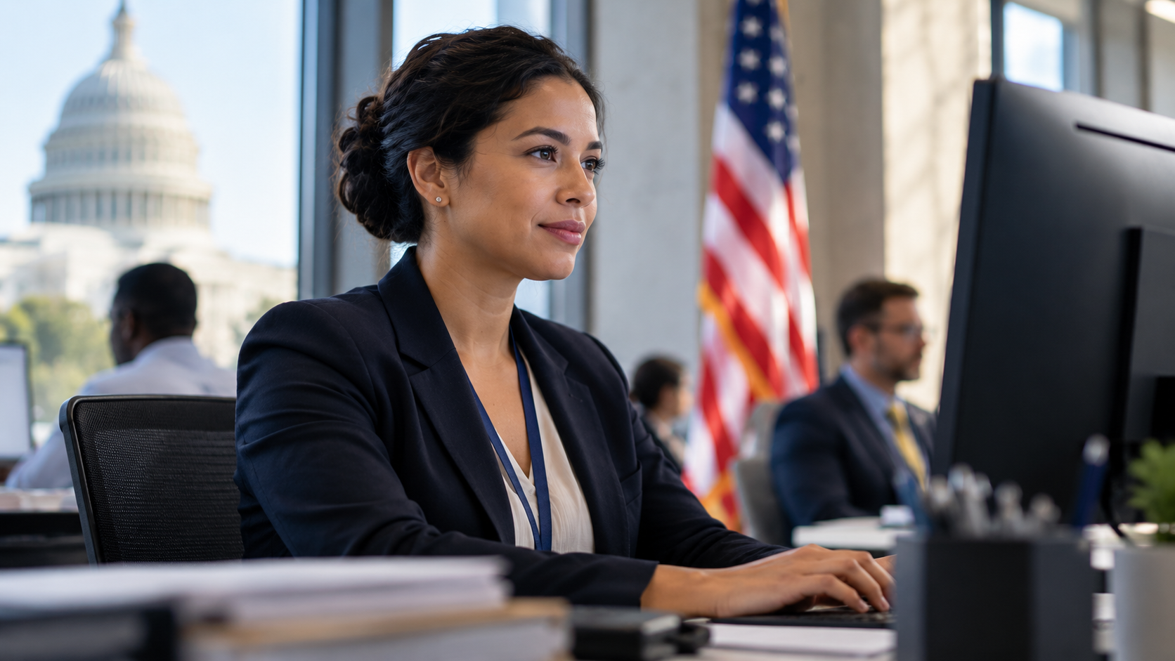 Federal employee working at a computer in a government office