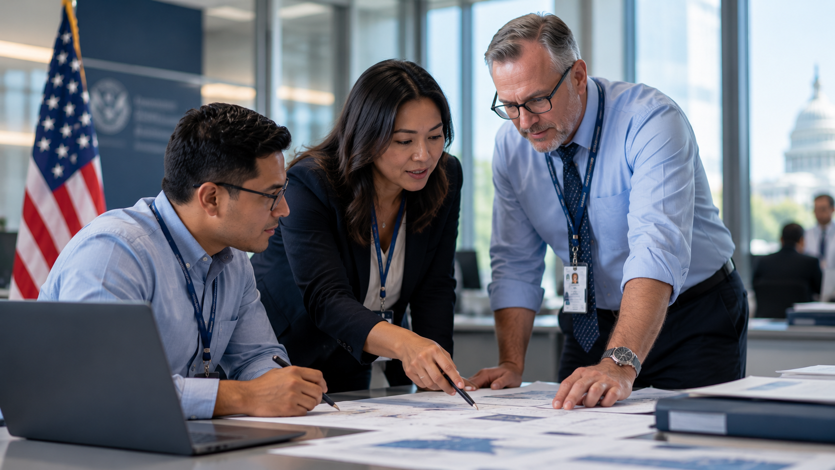 Federal employees reviewing plans together in a government office