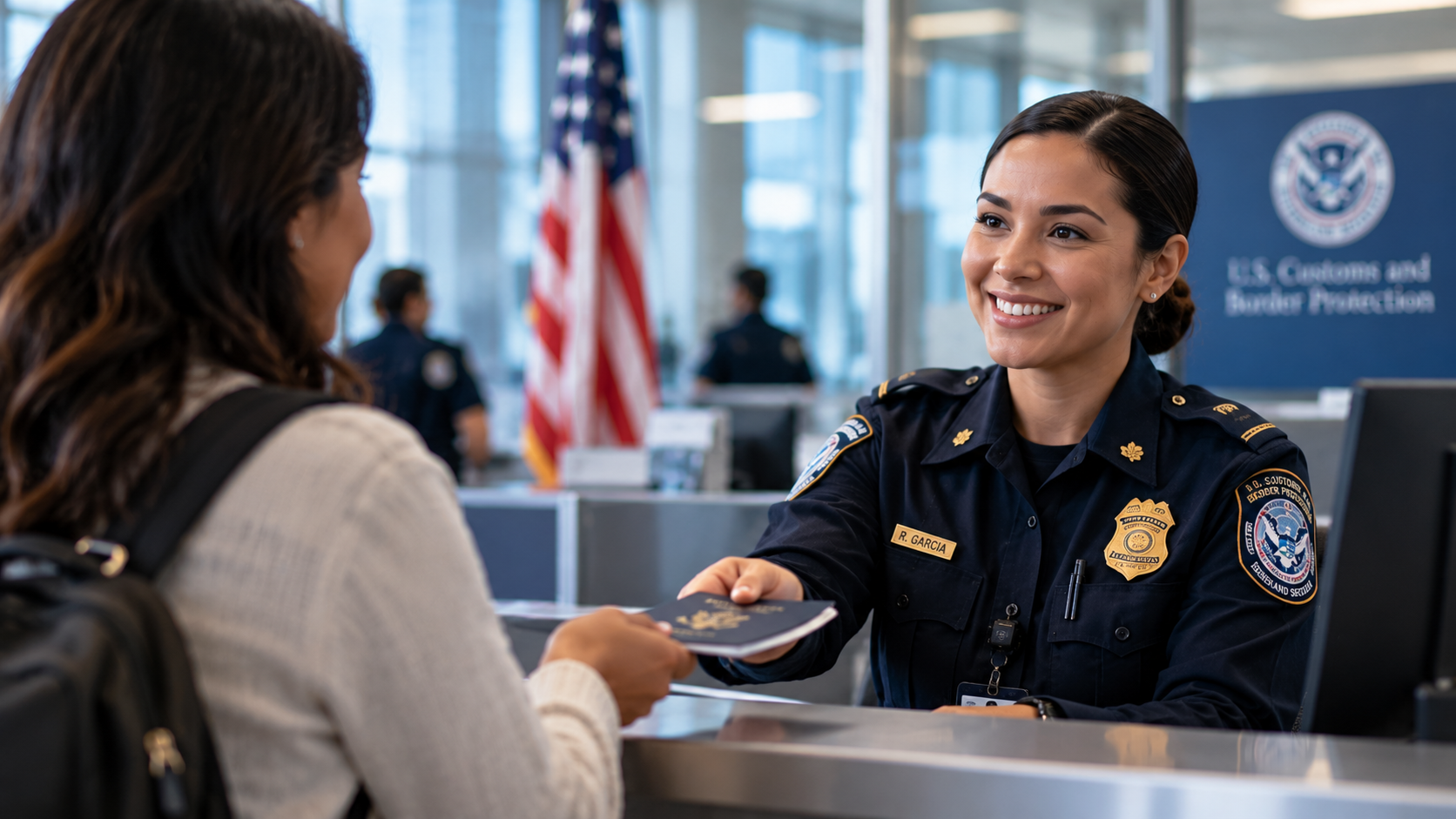 Federal officer assisting a traveler at a government service counter