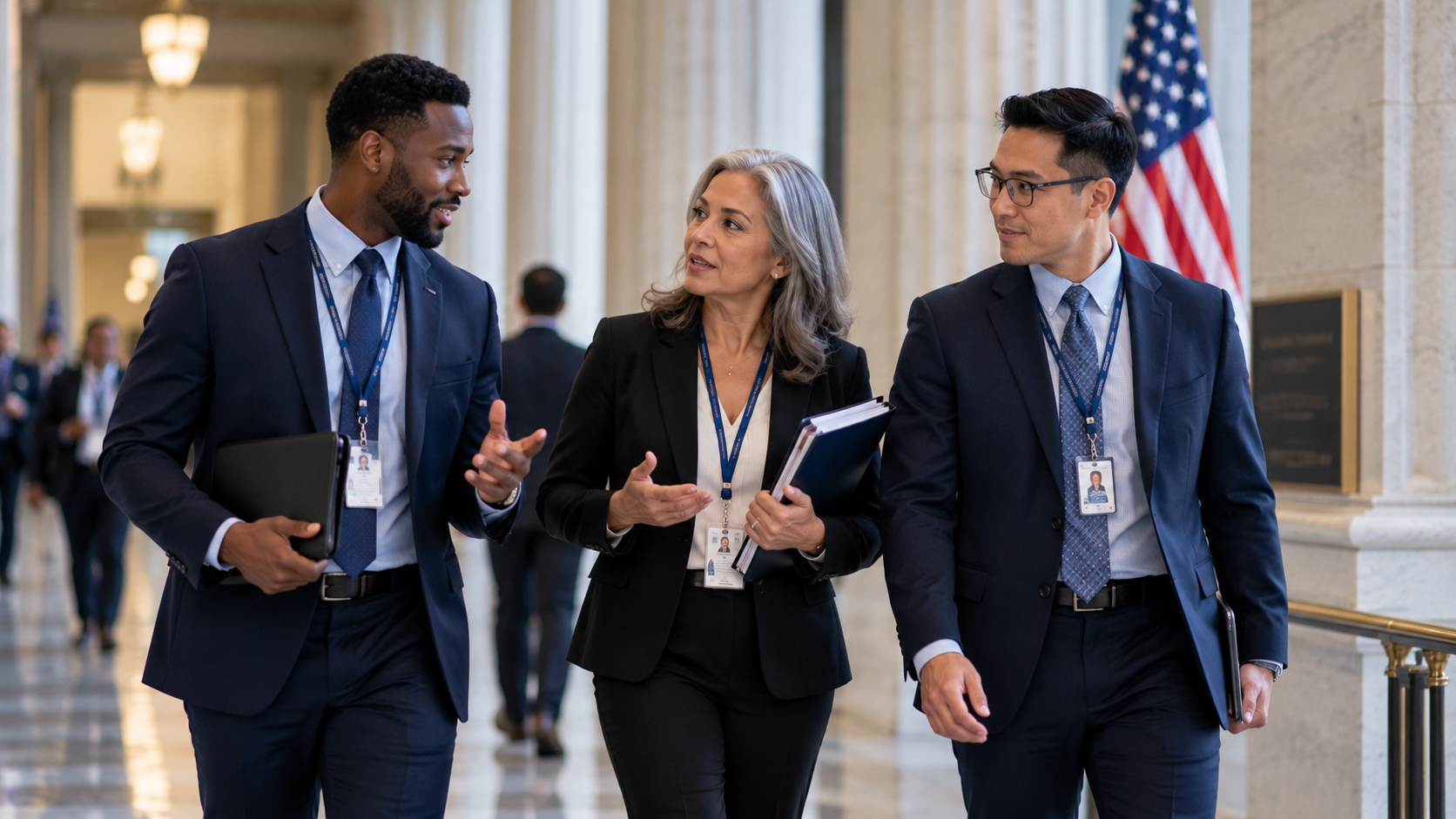 Federal employees walking and talking in a government building