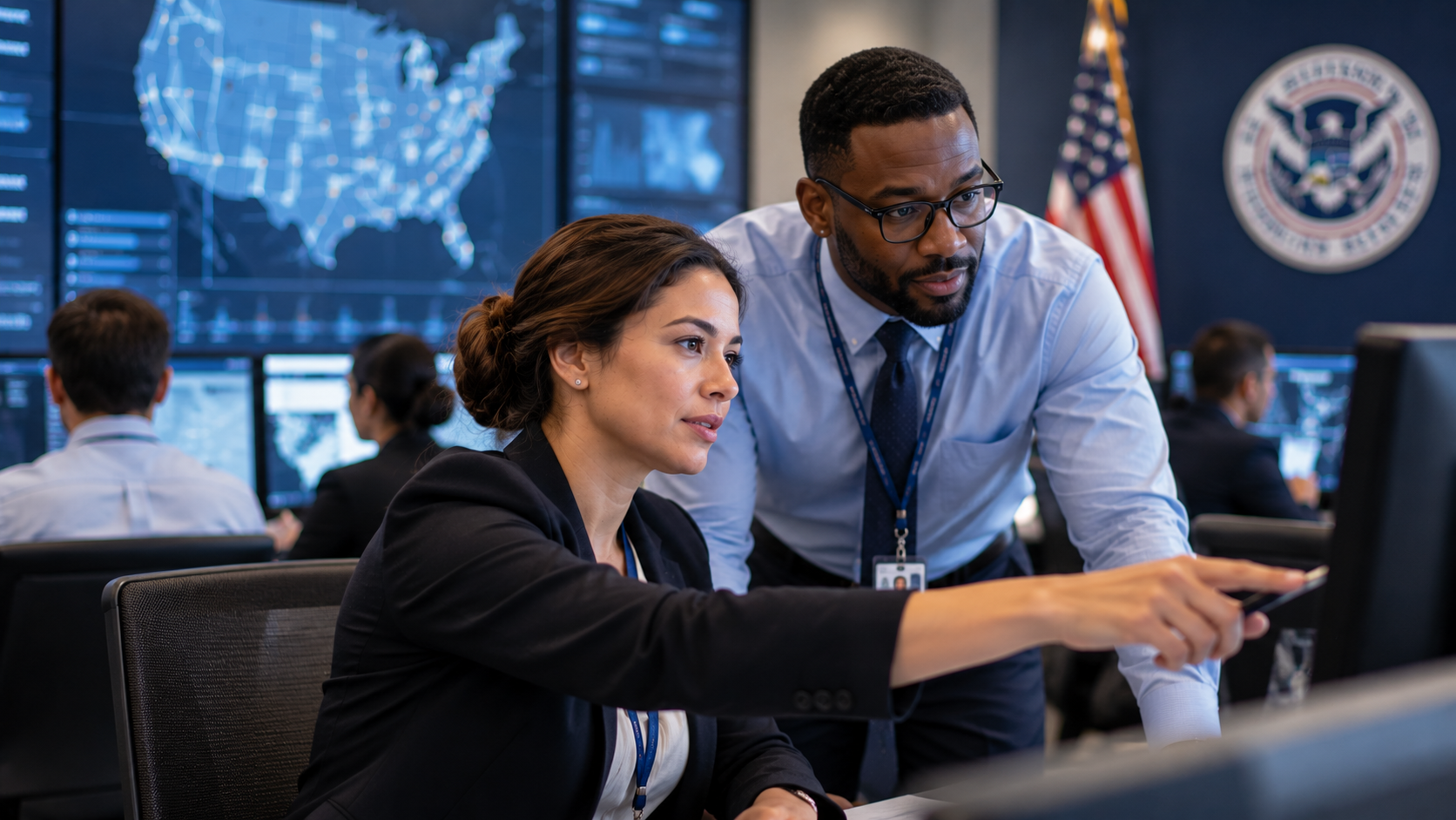 Federal employees reviewing information in a government operations center