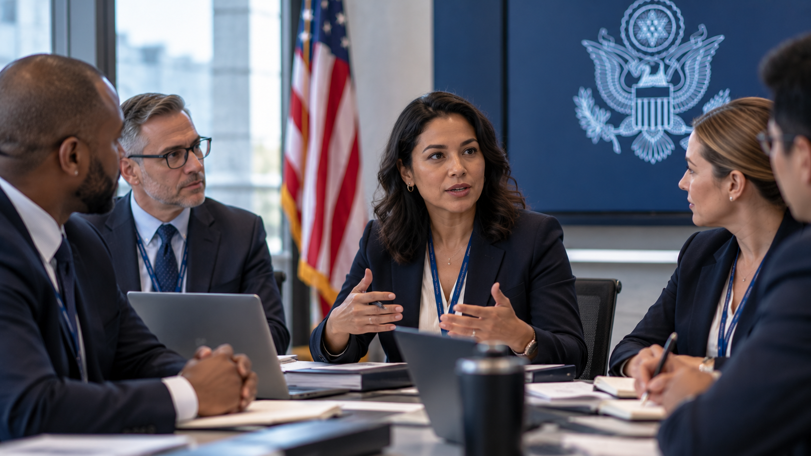 Federal employees participating in a meeting in a government conference room