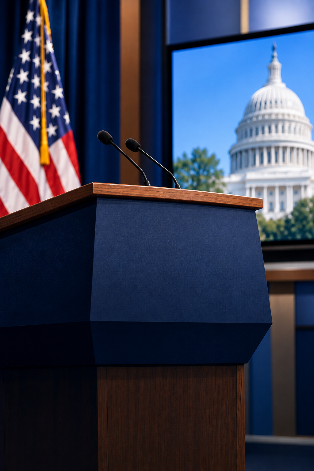 Government press briefing podium with two microphones, an American flag, and the U.S. Capitol in the background